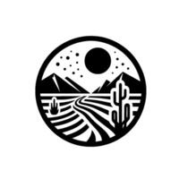 A minimalist circular emblem featuring a desert landscape with a road, cacti, mountains, sun, and stars, designed in a black and white, bold style. vector