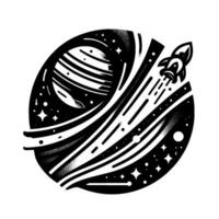 Black and white illustration of a rocket ship blasting off from a celestial sphere, featuring planets, stars, and cosmic trails in a minimalist style. vector
