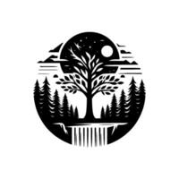 Nightfall Silhouette Forest and Starry Sky within a Circle, Illustrated in Black White with Moon, Trees, and Abstract Elements. vector