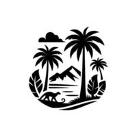 Silhouette of a Tropical Landscape Palm Trees, Mountains, Cloud, River, and a Small Animal in a Circular Composition vector