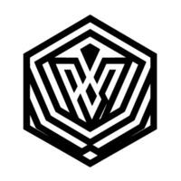 Geometric Black and White Hexagon with Interlocking Shapes, Suggesting a Symbol, Logo, or Abstract Against a Clean White Backdrop. vector
