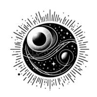 Celestial YinYang Abstract black and white illustration of cosmos with starry backdrop, swirling elements, and sunburst border. vector