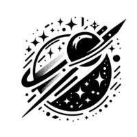 Monochromatic Stylized Celestial Illustration A Planet with Rings, Rocket Trajectory, and Starry Embellishments Against White Background. vector