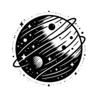 Artistic Black and White Planetary Illustration with Stars, Rings, and a Smaller Planet in Orbit, evoking Space Exploration and Imagination. vector