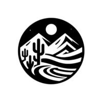 Stylized Black and White Desert Scene in a Circle Cacti, Mountains, Moon, and Rolling Landscape. vector