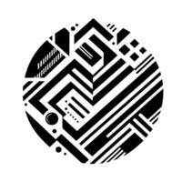 A minimalist black and white geometric composition within a circle, featuring lines, angles, and small shapes, evoking modern design. vector
