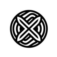 Monochrome geometric emblem featuring a central X within concentric circles, constructed from interconnected lines, evoking modern design, and simplicity. vector