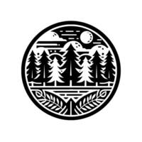 Monochrome Circular Illustration Stylized Forest Scene with Pine Trees, Moon, Clouds, Water, and Foliage in Decorative Border vector