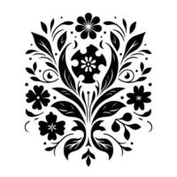 Symmetrical Black Floral Pattern with stylized flowers, leaves, and dots on a white background, classic design. vector