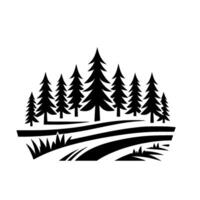 Silhouette of a forest scene with stylized evergreen trees set on tiered terrain, illustrating a simplified landscape. vector