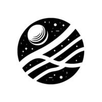 Black White Space Illustration A stylized planet with a layered design, stars, and a textured moon, against a cosmic background. vector