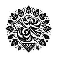 Intricate Black White Mandala Featuring Swirled Lollipops, Surrounded by Leaves and Geometric Accents, Set Against a White Background. vector
