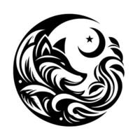 Symbolic Black and White Wolf Within a Celestial Circle, Featuring Moon, Star, and Floral Elements. vector