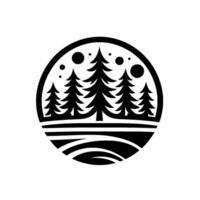 Circular black and white illustration of a forest scene with stylized pine trees, hills, and celestial bodies. vector