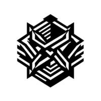 A stark, illustration of a geometric, starshaped cube constructed of black and white striped patterns with a radial perspective. vector