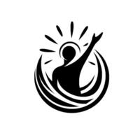 Black Silhouette of Reaching Figure, Surrounded by Rays and Crescent Elements, Emblem of Hope and Inspiration on White vector