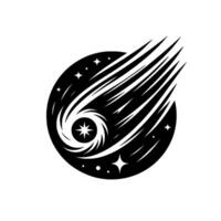 Black and White Comet Illustration with Starry Background, Geometric Design, and Starburst Core vector