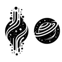 Abstract Space Art Two Black and White Planetary Designs with Stars, Lines, and Dots in a Minimalist Style. vector