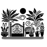 Black and White Garden Scene Decorative gate, plants, bench, and watering can under a stylized sun, creating a symmetrical design. vector