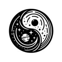 Yin Yang cosmic symbol with a black and white illustration of planets, stars and space elements, representing harmony and balance. vector