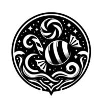 Whimsical Black and White Circular Illustration of Festive Candies, Swirls, and Stars in a Decorative Design. vector