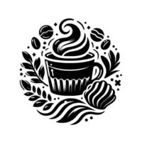 Stylized Monochromatic Coffee with Whipped Cream, Beans, and Floral Elements in a Circular Composition vector