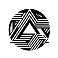 Geometric Black and White Circular Featuring a Central Triangle and Intertwined Striped Patterns. vector