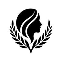 Silhouette of a womans profile framed by laurel wreath on a white backdrop, embodying strength and classic beauty. vector