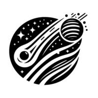 Black White Illustration Comet Streak and Spherical Planetoid Inside a Cosmic Oval amidst Stars, Dots, and Linear Elements vector