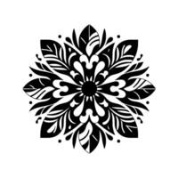 Symmetrical Black and White Floral Mandala with Ornate Leaf and Heart Motifs, Dots on White Background, vector