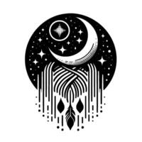Celestial Dreamcatcher A black and white illustration of a crescent moon, starfield, and stylized feather, evoking serenity and the night. vector