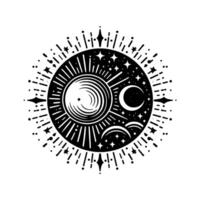 Black and White Celestial Design Sun and Moon Symbol with Stars and Radiant Lines, Mystical, Artistic, and Abstract Representation vector