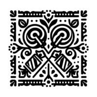 Intricate Black and White Floral Symmetry with Lollipops, Drums, and Ornamental Details in Square Composition vector