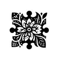 A symmetrical black and white floral pattern puzzle piece, botanical design, delicate flower, and leaf shapes, adorned with dots, creating a balanced artwork. vector