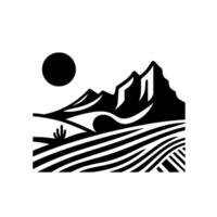 A stylized black and white minimalist landscape featuring mountains, sun, and a desert scene with fields and a cactus. vector