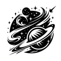A stylized monochrome illustration depicting a cosmic scene with orbiting planets, starry cosmos, and a shooting star, creating a futuristic and artistic design. vector