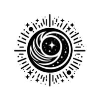 Celestial Mandala Crescent Moon, Stars, and Cosmic Swirls within a Stylized, Concentric, Black and White with Emanating Lines. vector