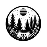 Black and White Circular Illustration of a Forest Scene with Evergreen Trees, Plants, a Striped Sun, and Snowflakes. vector