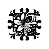 Intricate Black and White Floral with Square Frame and Unique Curvilinear Extensions on a White Background. vector