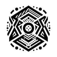 Symmetrical black and white geometric design, consisting of interconnected shapes, lines, dots, and circles, with a centralized focus. vector