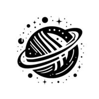 Black and White Illustration of a Planetary System with a Ring and Stars, Minimalist vector
