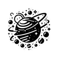 Stylized Monochrome Illustration of a Ringed Planet Surrounded by Stars, Asteroids, and Celestial Spheres vector