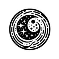 Celestial Yin Yang Black White Cosmic Featuring a Moon, Stars, and Swirling Galactic Elements within a Circular Frame. vector