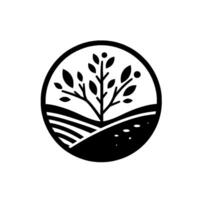 Minimalist black and white circular of a stylized tree growing on rolling hills, symbolizing nature and growth. vector