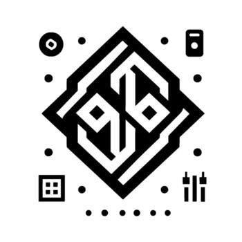 Abstract black and white geometric composition featuring stylized numbers within a diamond shape, and other scattered shapes. vector