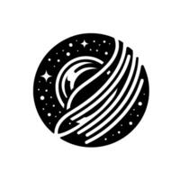 Celestial Sphere A Minimalist, Circular Depicting a Planetary Form with Orbital Stripes, Stellar Accents, and Cosmic Dust, Presented in Bold Black and White. vector