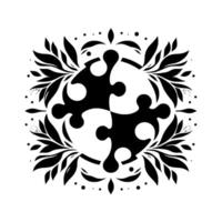 Stylized Black and White of Interlocking Puzzle Pieces Surrounded by a Floral Circle Motif on a White Background. vector