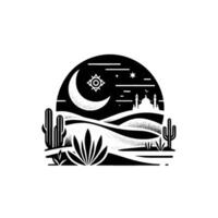 Silhouette of a desert scene at night featuring a mosque, crescent moon, stars, cacti, and textured dunes, encapsulated in a semicircle frame. vector