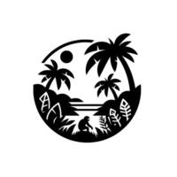 Black and White Silhouetted Tropical Island Scene Featuring a Monkey, Palm Trees, Sun, and Lush Vegetation Enclosed in a Circle. vector