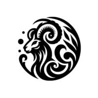 A stylized black and white image of a rams head with intricate circular elements, set against a plain white background, creating a strong and symbolic visual statement. vector
